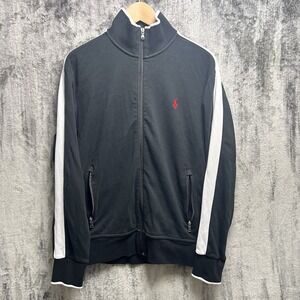Polo Ralph Lauren Track Jacket Mens M Black Full Zip Stripe Mock Neck Pony